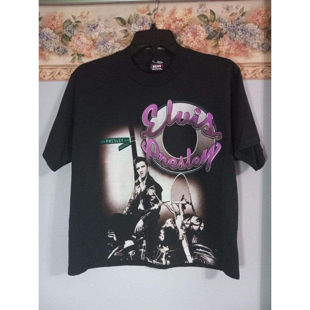 Elvis Presley Medium Black Vintage Classic Cropped Motorcycle 1996 T-Shirt Top